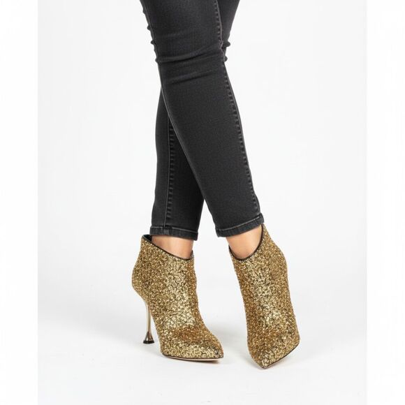 Manolo Blahnik Stiletto Ankle Bootie 39 Pointed Toe Glam Designer Gold Pluta - Picture 2 of 15